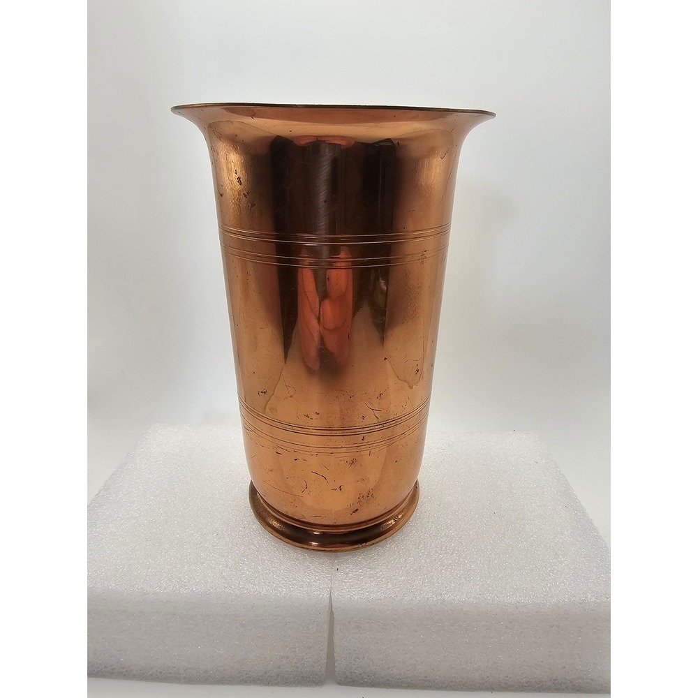 Vintage Copper Flared Vase Etched Banded Metal Vessel Decorative Farmhouse Decor